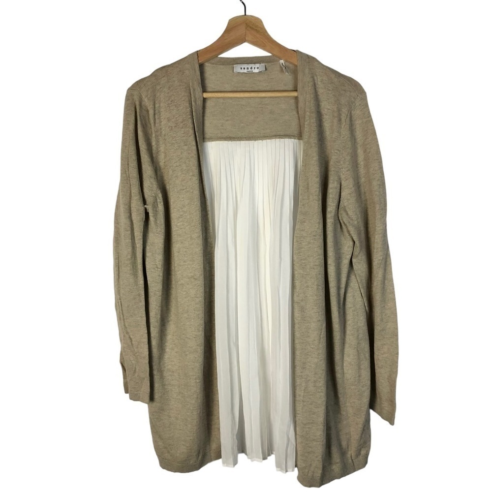 Sandro Paris Beige Knit White Pleated Back Cardigan Sweater 2/M